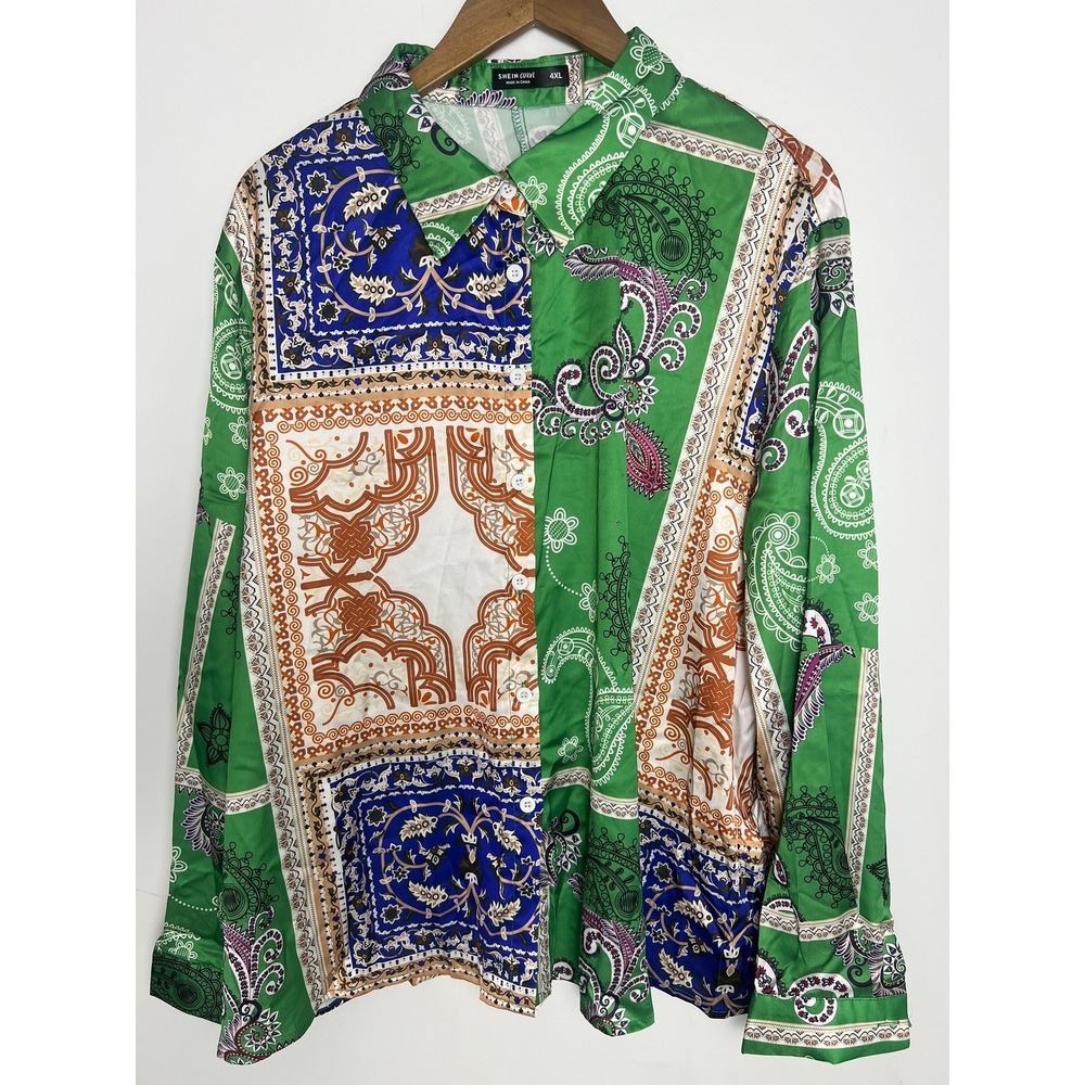 Shein Curve Green Paisley Scarf Print Blouse Plus 4XL Boho Eclectic Hippie Y2K